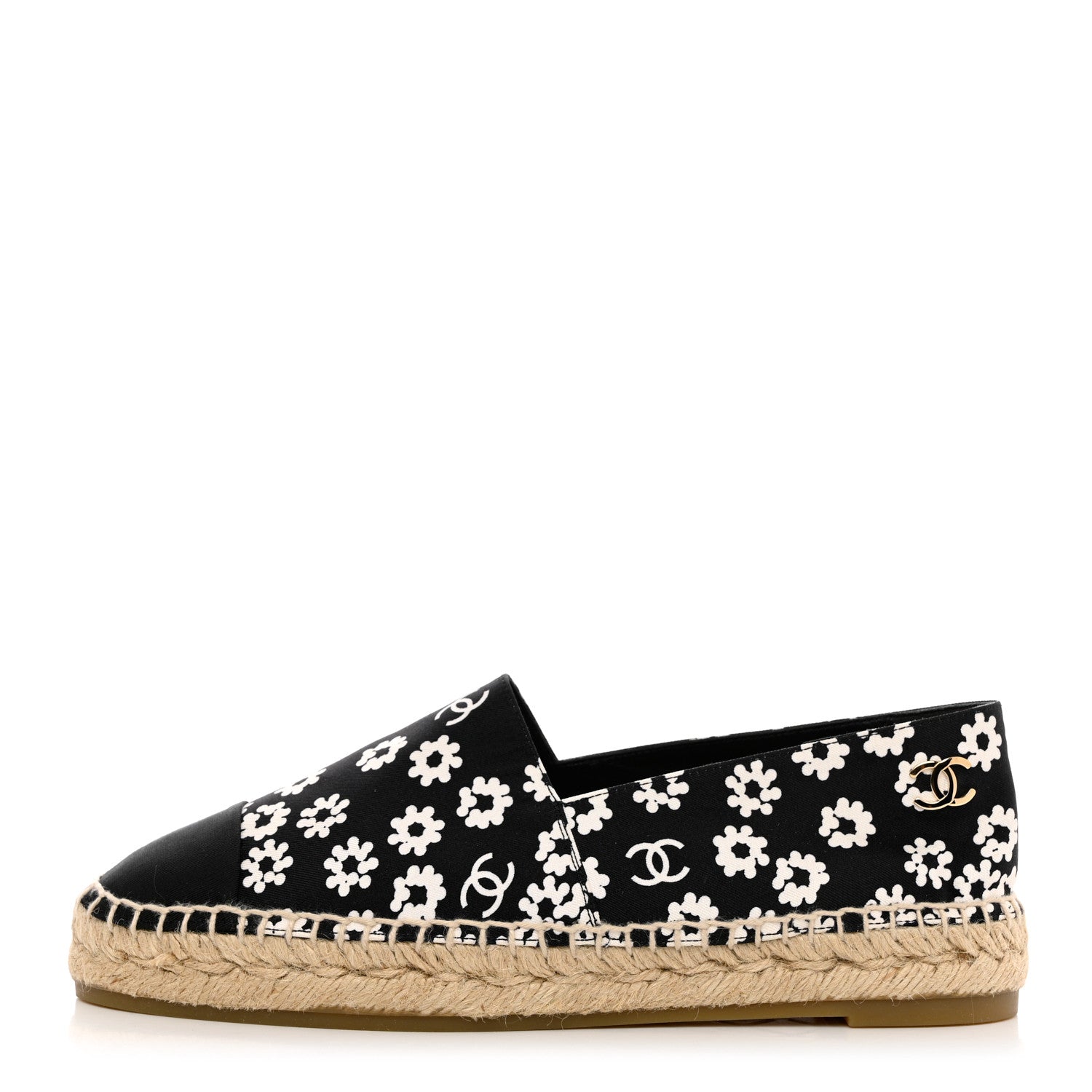 Chanel Fabric Printed Grosgrain Floral Espadrilles 39 Black Ivory 1 of 9