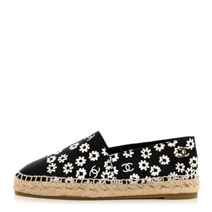 Chanel Fabric Printed Grosgrain Floral Espadrilles 39 Black Ivory 1 of 9