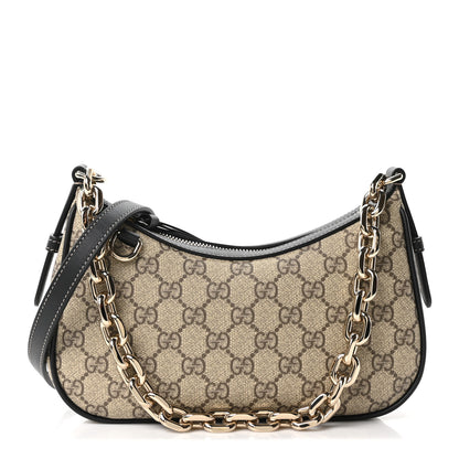 Gucci GG Supreme Monogram Textured Calfskin Small Emblem Shoulder Bag Beige Black 1 of 10