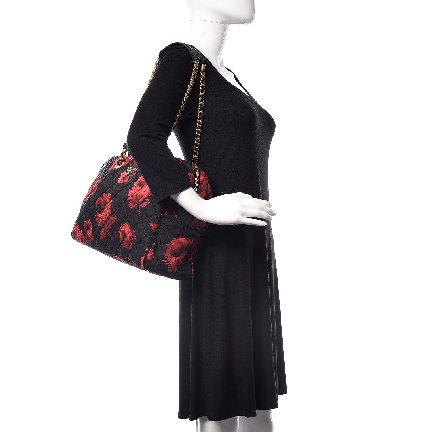Prada Tessuto Nylon Quilted Rose Chain Shoulder Bag Black Rosso 2 of 8