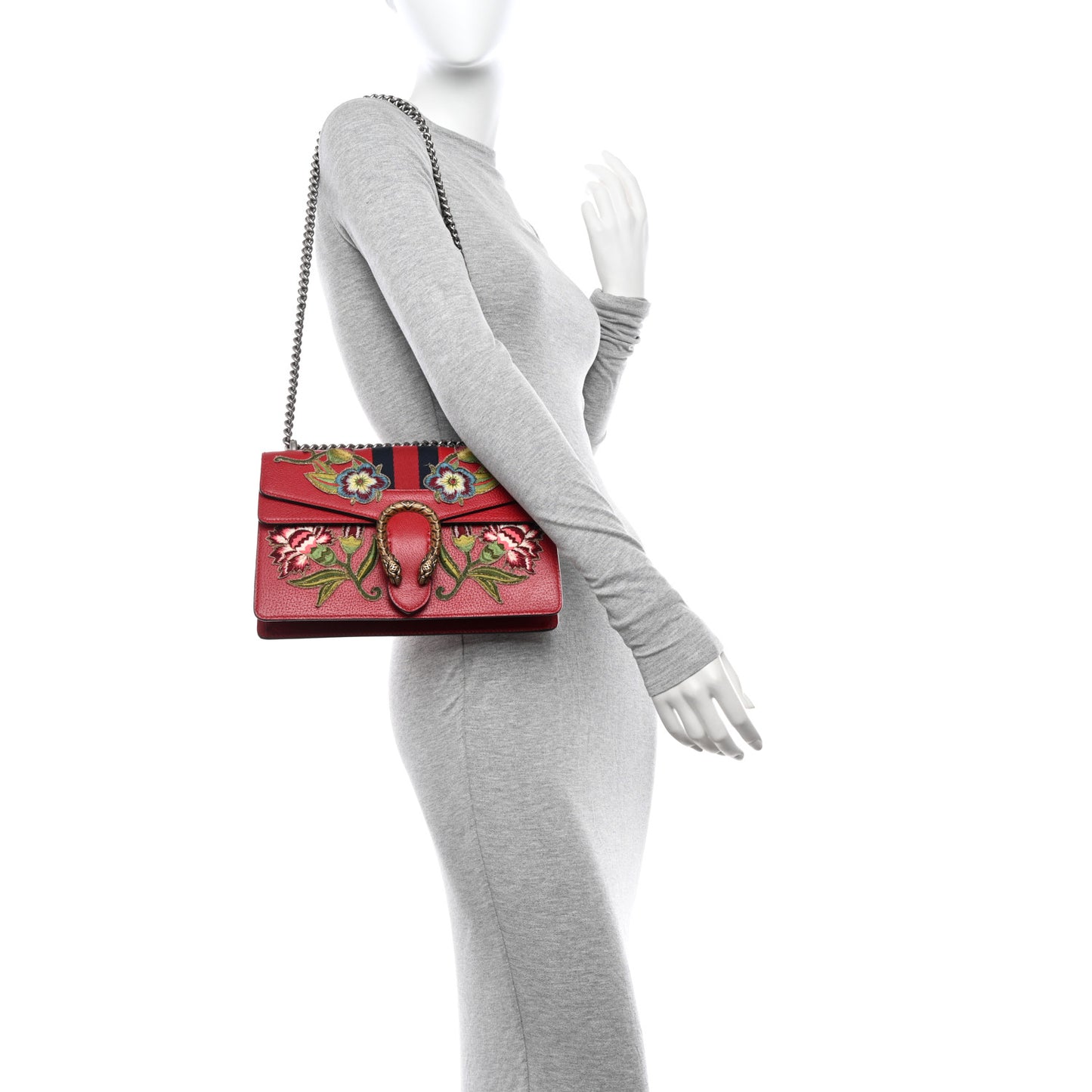 Calfskin Web Floral Embroidered Small Dionysus Shoulder Bag Hibiscus Red