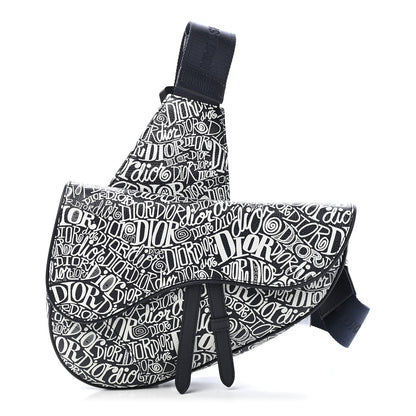 Christian Dior X SHAWN STUSSY Grained Calfskin Printed Mens Saddle Bag Navy Blue 1 of 9