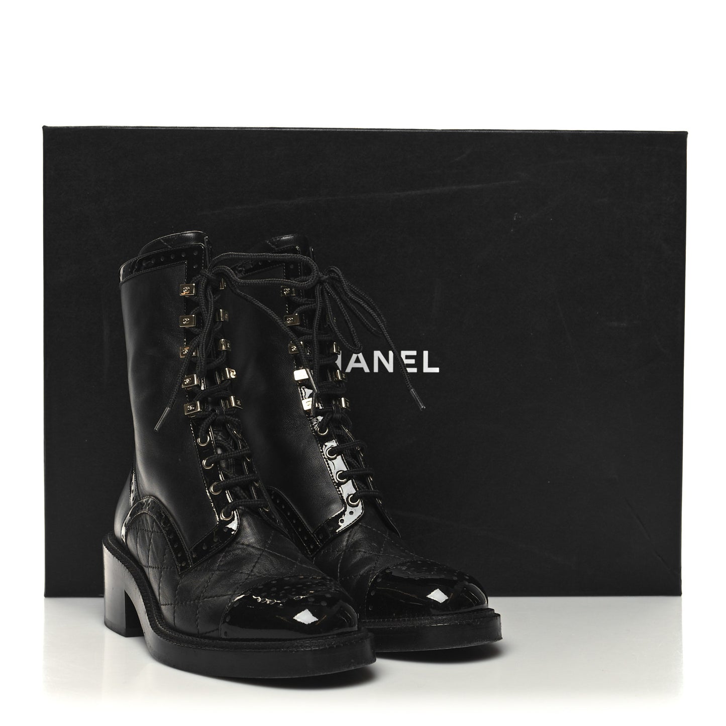 Lambskin Patent Calfskin Quilted CC Lace Up Combat Boots 37 Black