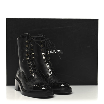 Chanel Lambskin Patent Calfskin Quilted CC Lace Up Combat Boots 37 Black 9 of 9