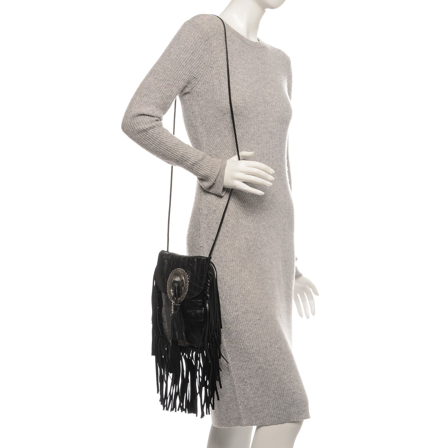 Calfskin Crocodile Embossed Anita Tassed Crossbody Bag Black