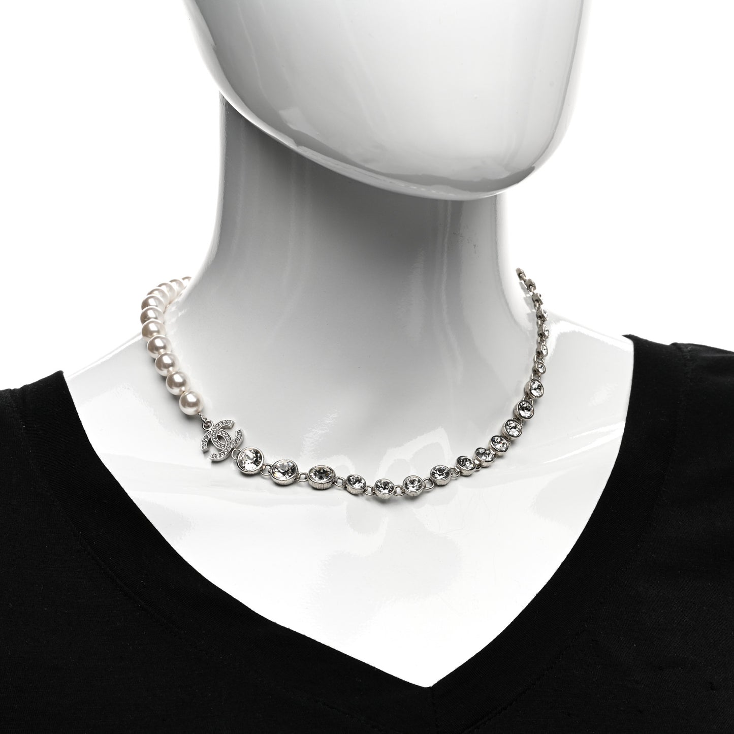 Pearl Crystal CC Choker Necklace Silver