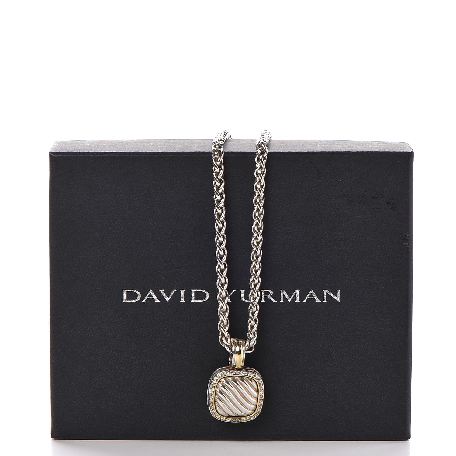 David Yurman Sterling Silver 18K Yellow Gold Diamond 16mm Sculpted Cable Pendant Necklace 7 of 7