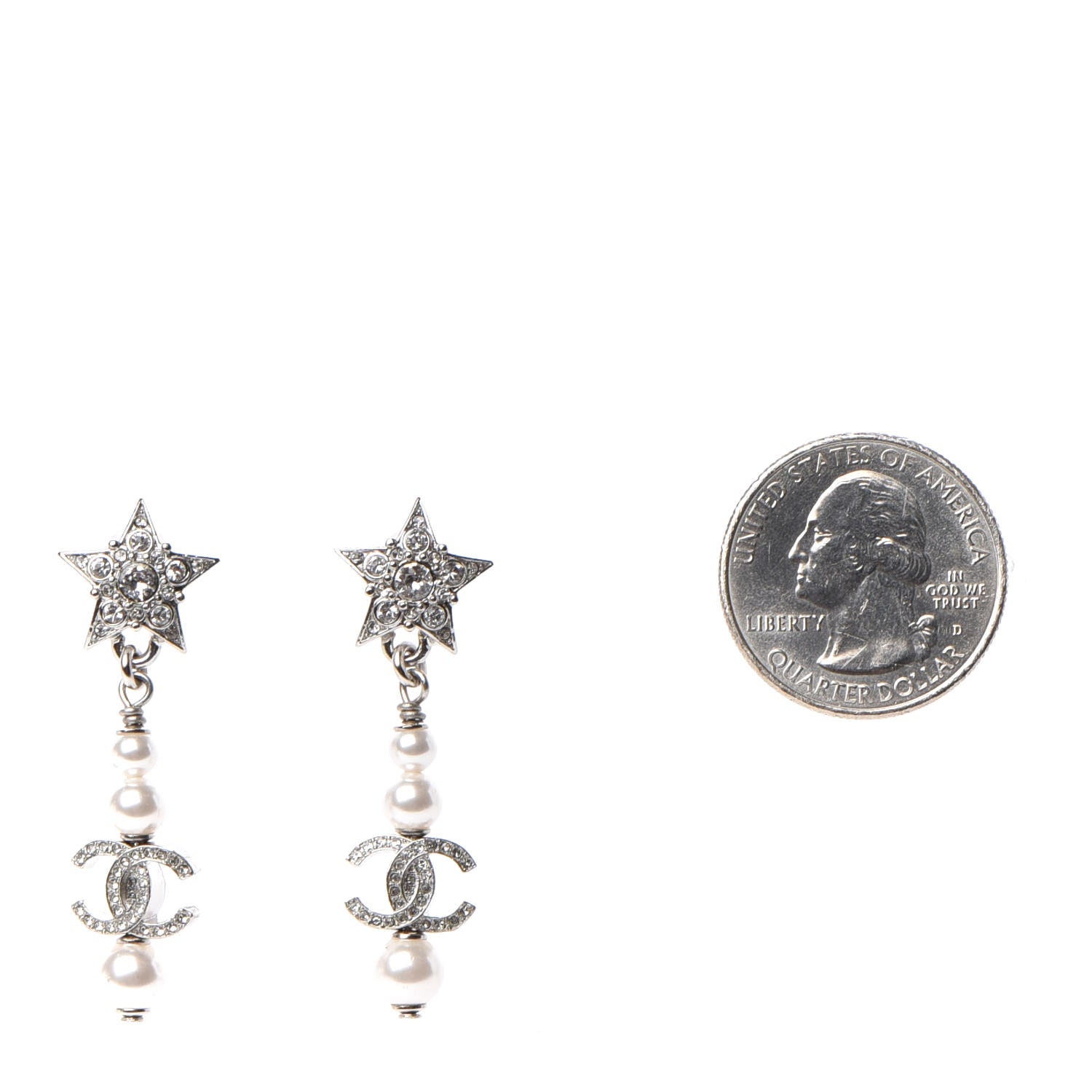 Chanel Crystal Pearl CC Star Drop Earrings Silver 2 of 4
