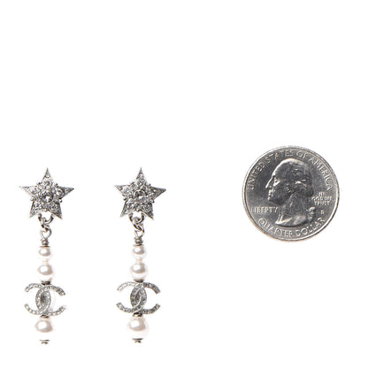 Chanel Crystal Pearl CC Star Drop Earrings Silver 2 of 3