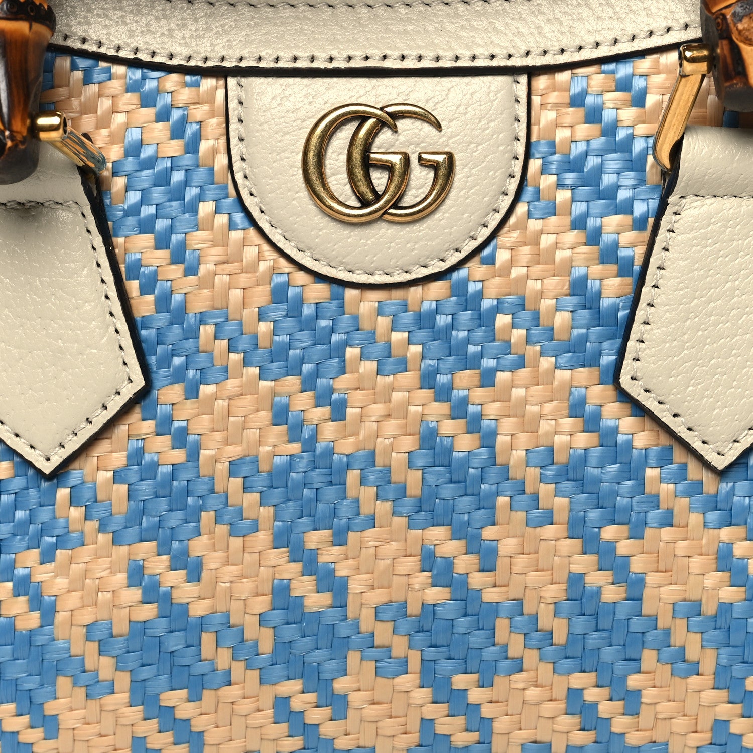 Gucci Raffia Textured Dollar Calfskin Web Houndstooth Mini Diana Tote Bag Light Blue Natural Deep Orange 7 of 10