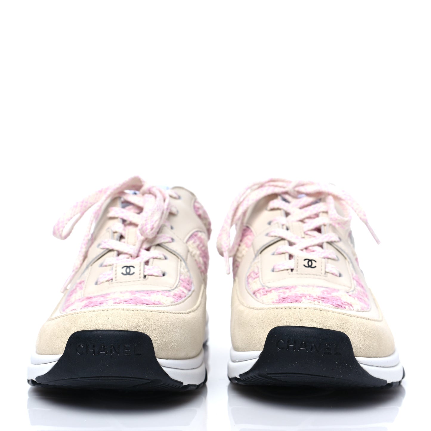 Tweed Suede Calfskin Womens CC Sneakers 38.5 Pink Ecru