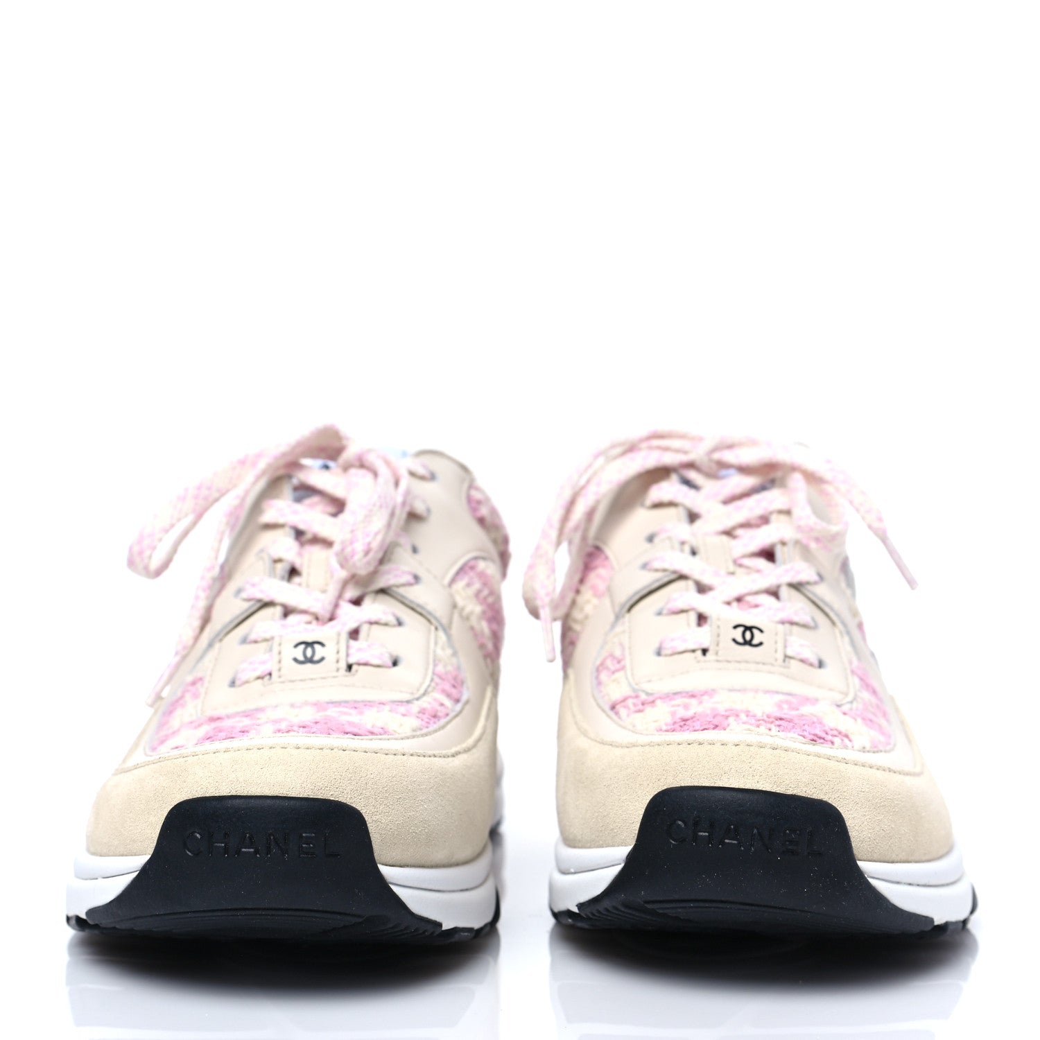 Chanel Tweed Suede Calfskin Womens CC Sneakers 38.5 Pink Ecru 2 of 8