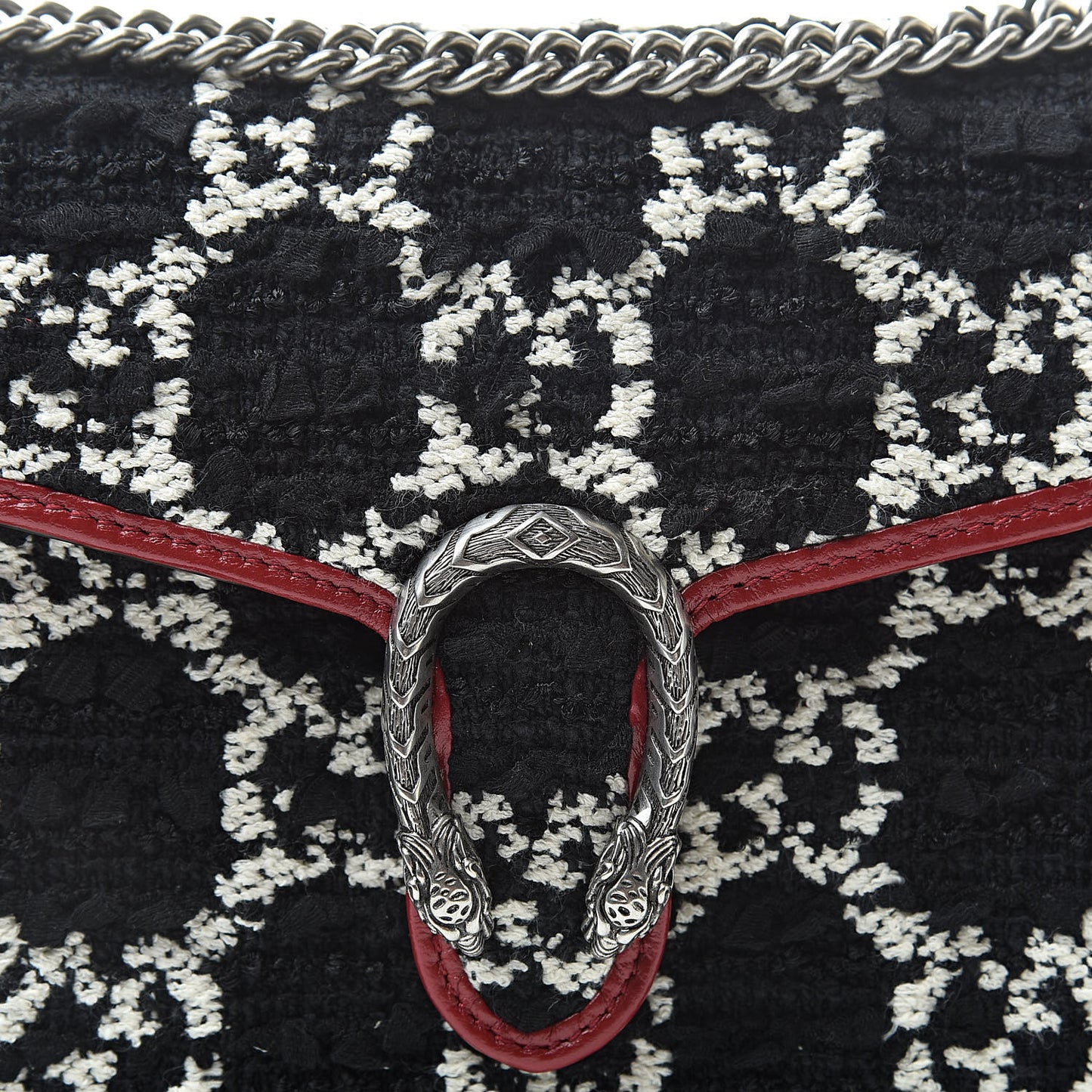 Tweed GG Monogram Mini Dionysus Chain Wallet Black White Romantic Cherry