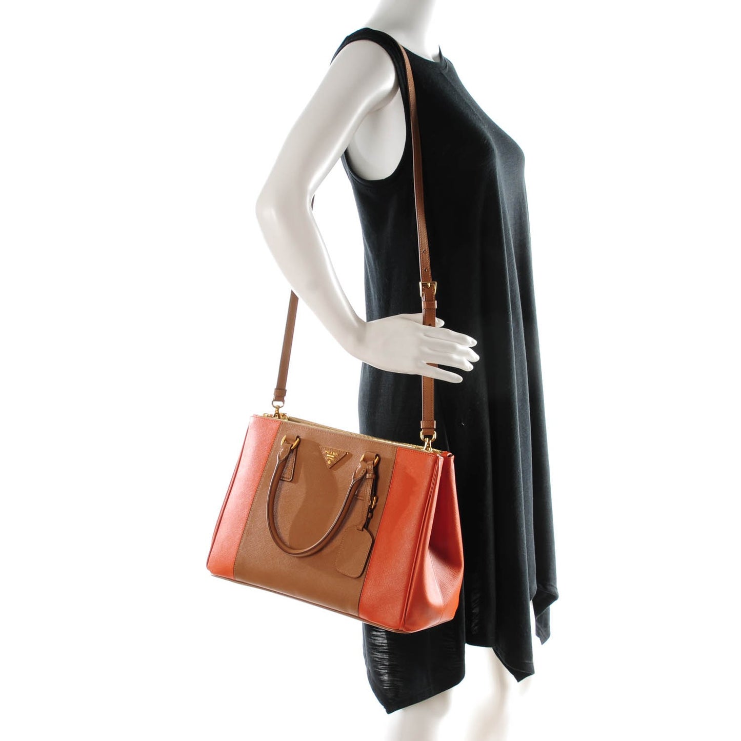 Saffiano Lux Colorblock Medium Galleria Double Zip Tote Caramel Papaya