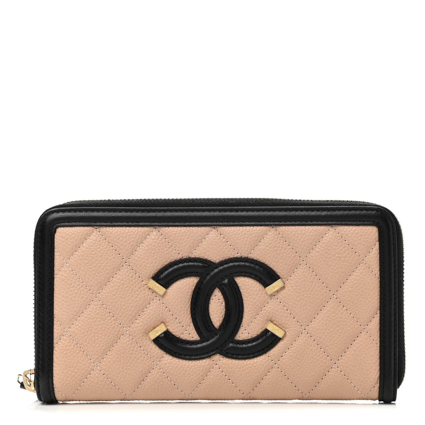 Caviar Quilted Filigree Zip Around Wallet Beige Black