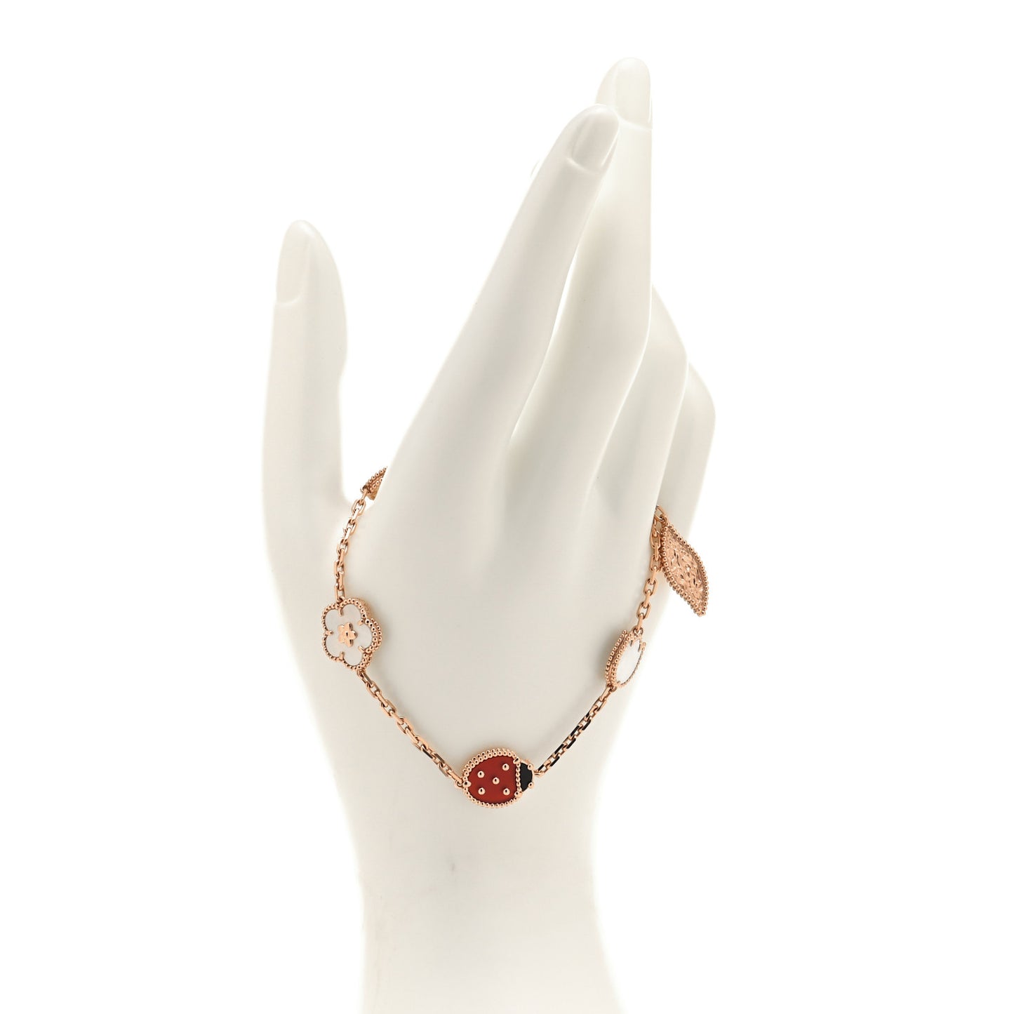 18K Rose Gold Carnelian Mother of Pearl Onyx 5 Motifs Lucky Spring Bracelet