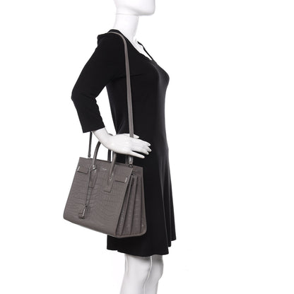 Saint Laurent Calfskin Crocodile Embossed Small Sac De Jour Fog 2 of 9