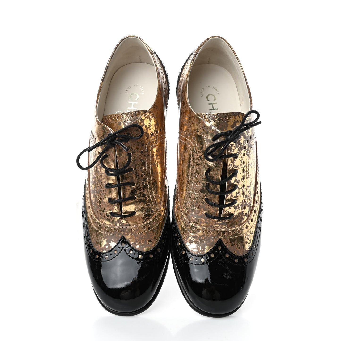 Fantasy Patent Calfskin Lace Up Oxfords 38 Gold Black