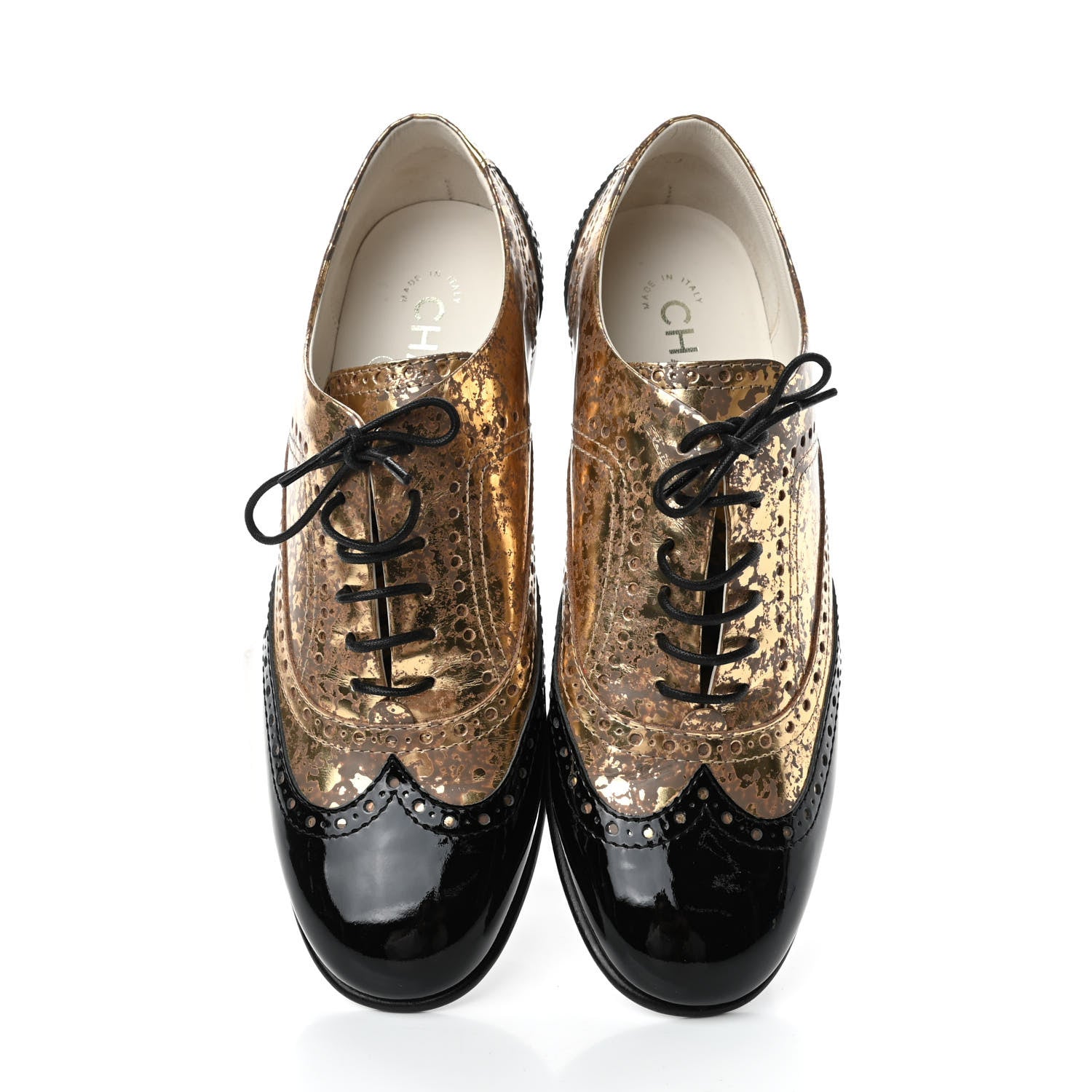 Chanel Fantasy Patent Calfskin Lace Up Oxfords 38 Gold Black 5 of 10