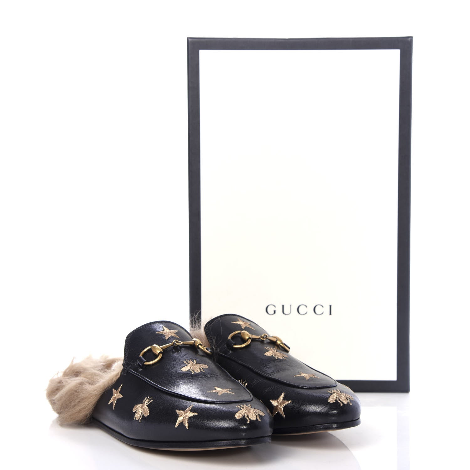 Gucci Goatskin Fur Bee Star Embroidered Womens Princetown Slippers 37.5 Black 10 of 10