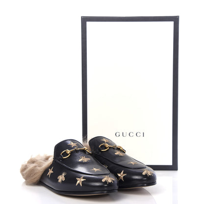 Gucci Goatskin Fur Bee Star Embroidered Womens Princetown Slippers 37.5 Black 10 of 10