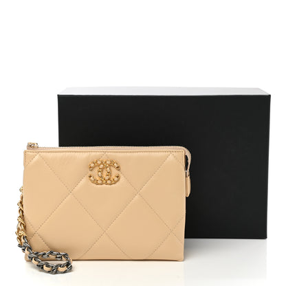 Chanel Shiny Goatskin Quilted Chanel 19 Small Pouch With Handle Beige 10 of 10