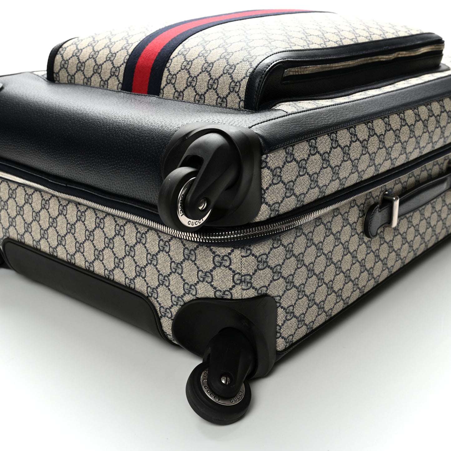 GG Supreme Monogram Textured Dollar Calfskin Web Large Savoy Trolley Suitcase Beige Blue