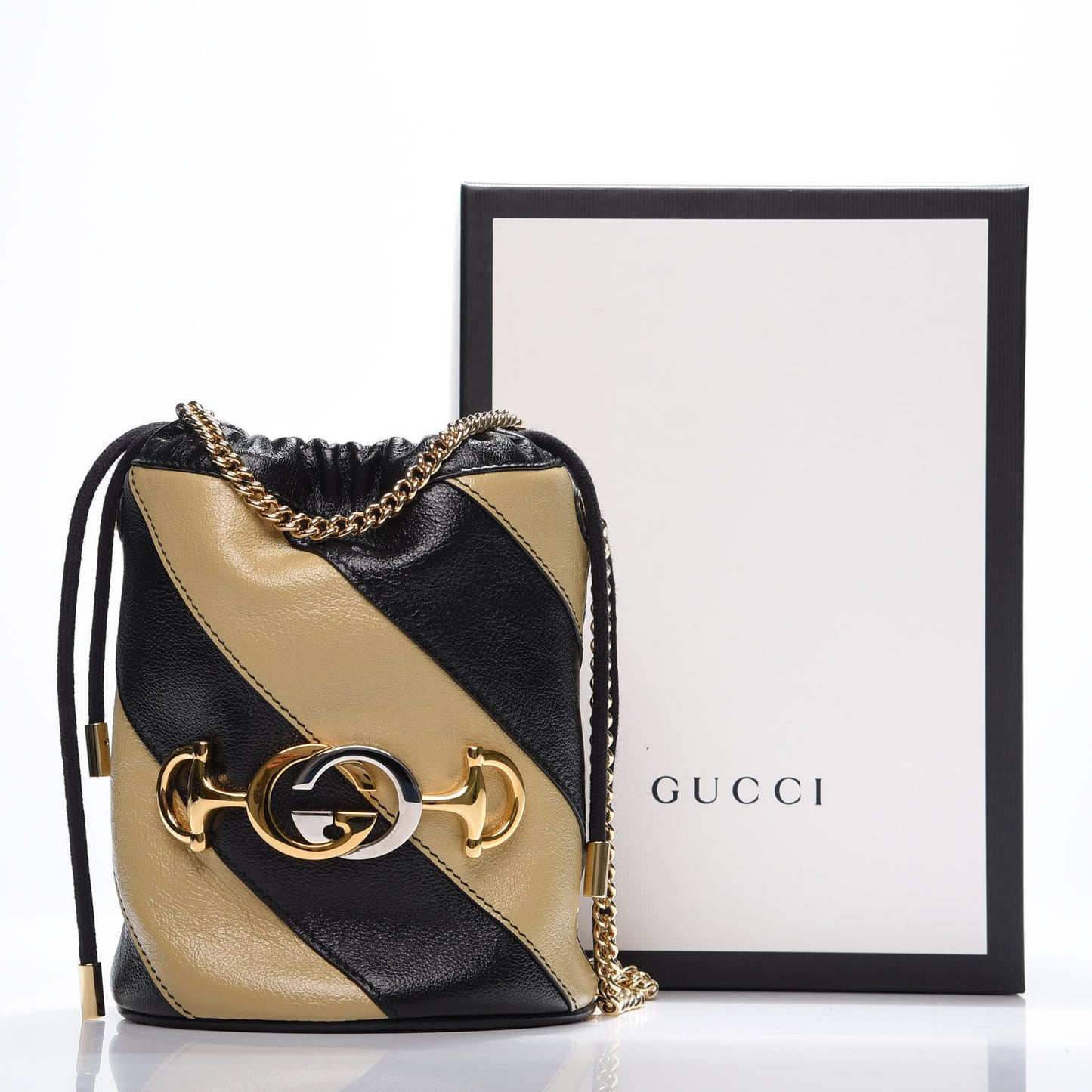 Calfskin Diagonal Striped Mini Zumi Bucket Bag Black Beige