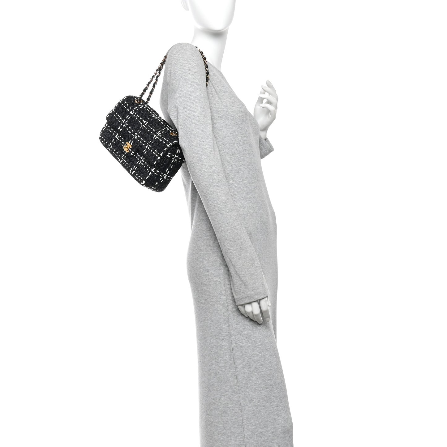 Raffia Effect Medium Tweedy Flap Bag Black White