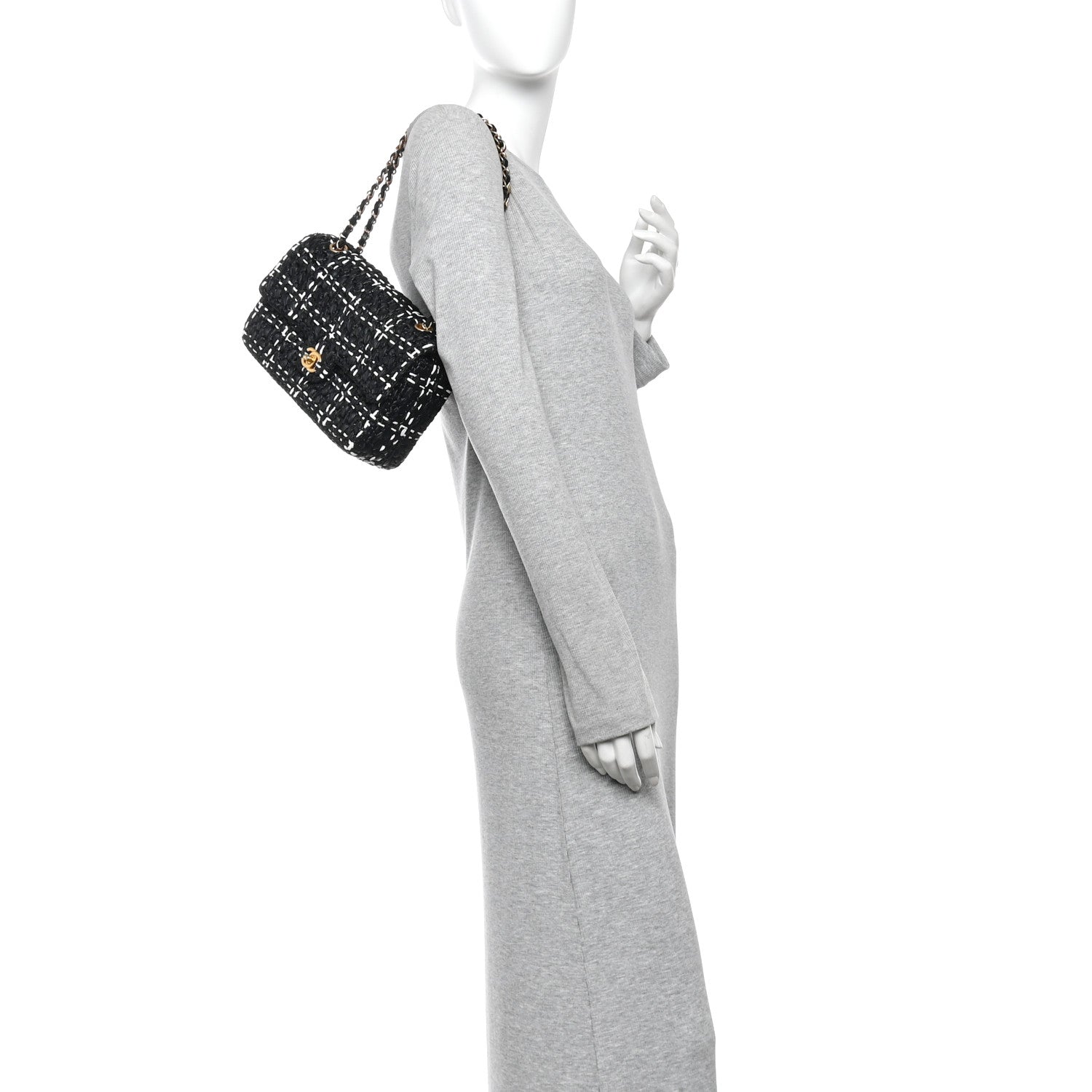 Chanel Raffia Effect Medium Tweedy Flap Bag Black White 2 of 12