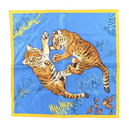 Hermes Silk Les Tigreaux Pocket Square Bleu Moyen Ocre 1 of 4