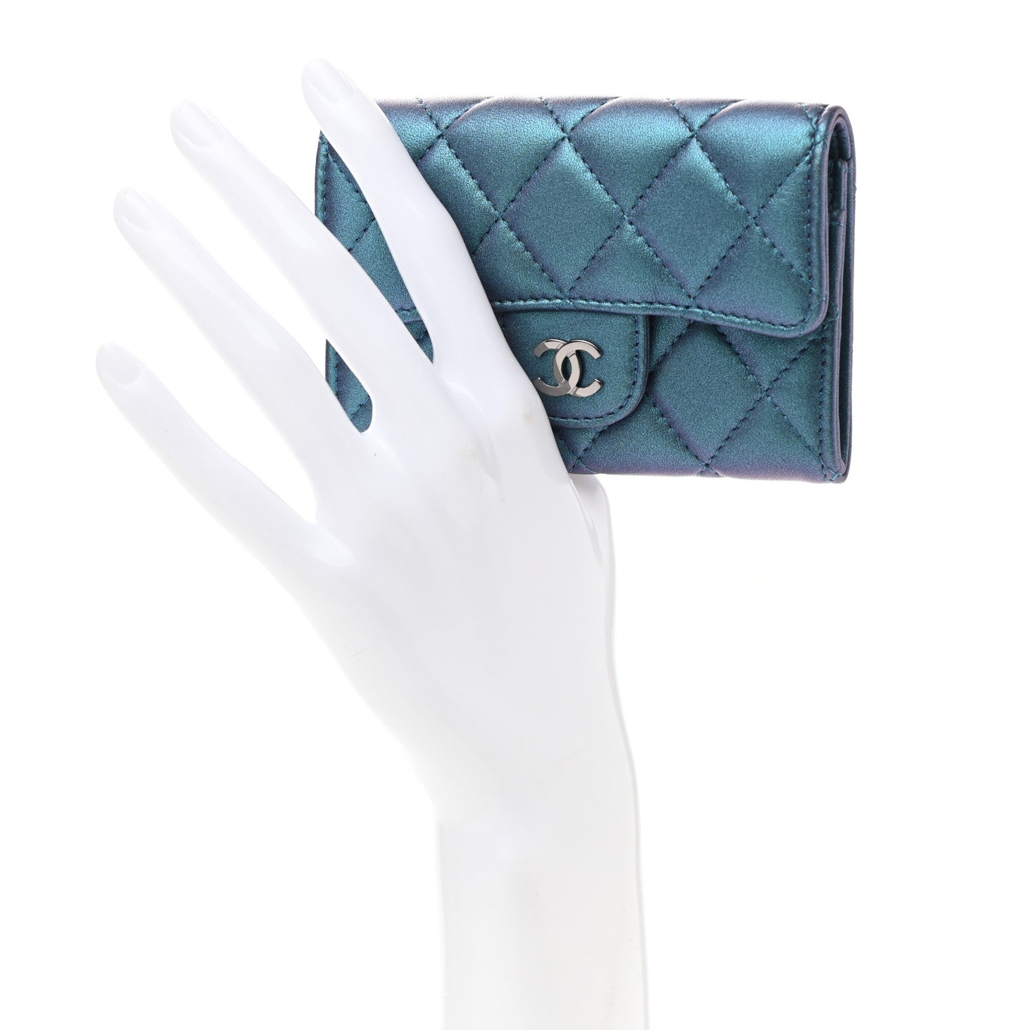 Chanel Iridescent Lambskin Quilted Flap Card Holder Turquoise 2 of 8