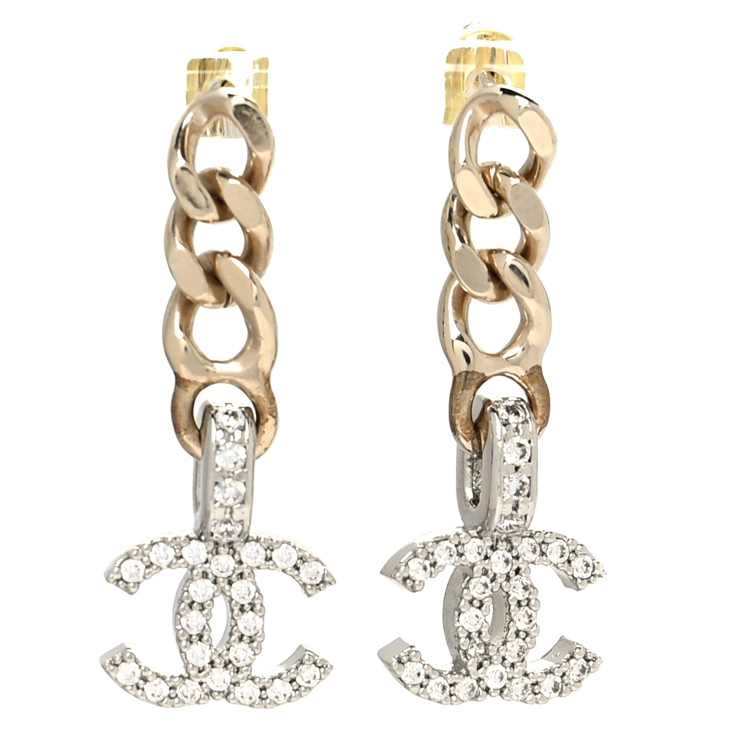 Chanel Metal Crystal CC Chain Drop Earrings Gold 1 of 3