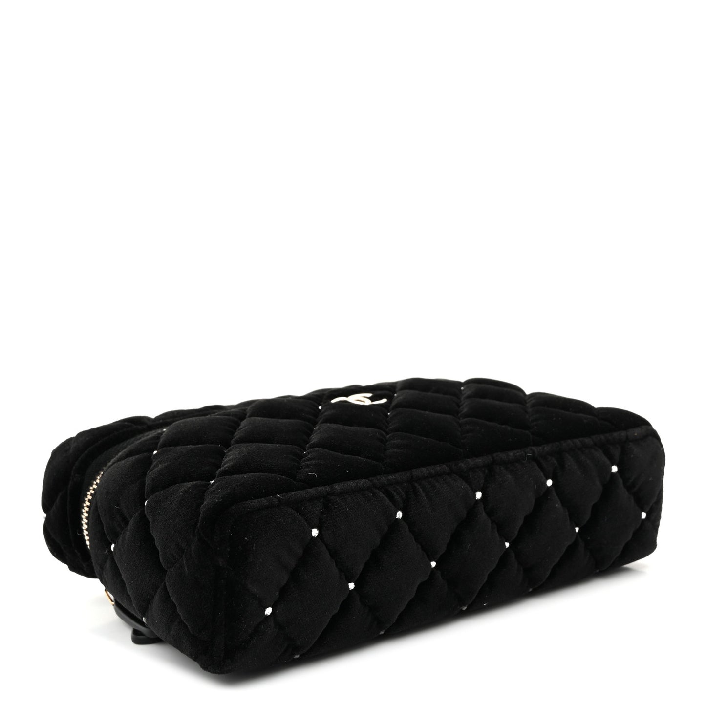 Velvet Diamanté Quilted Top Handle Slim Vanity Case With Chain Black