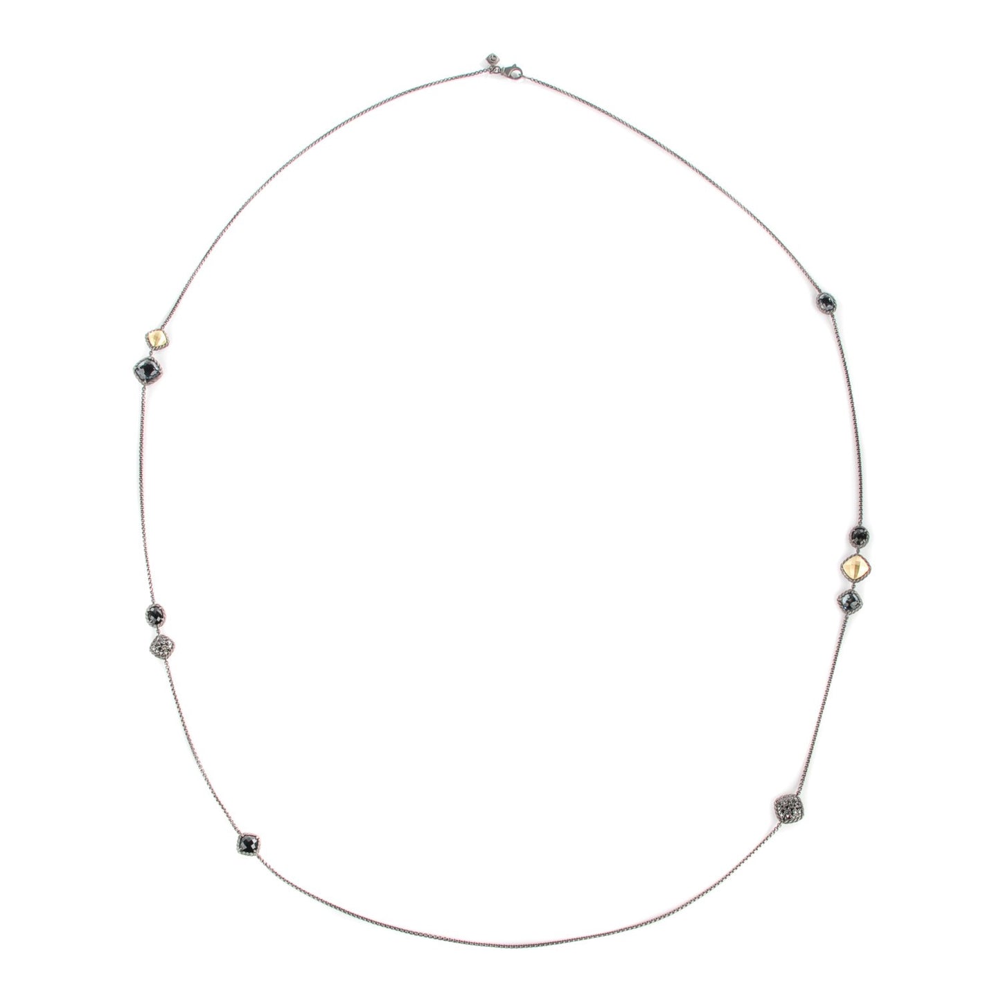 Darkened Sterling Silver 18K Yellow Gold Black Onyx Black Diamond Chatelaine Station Necklace
