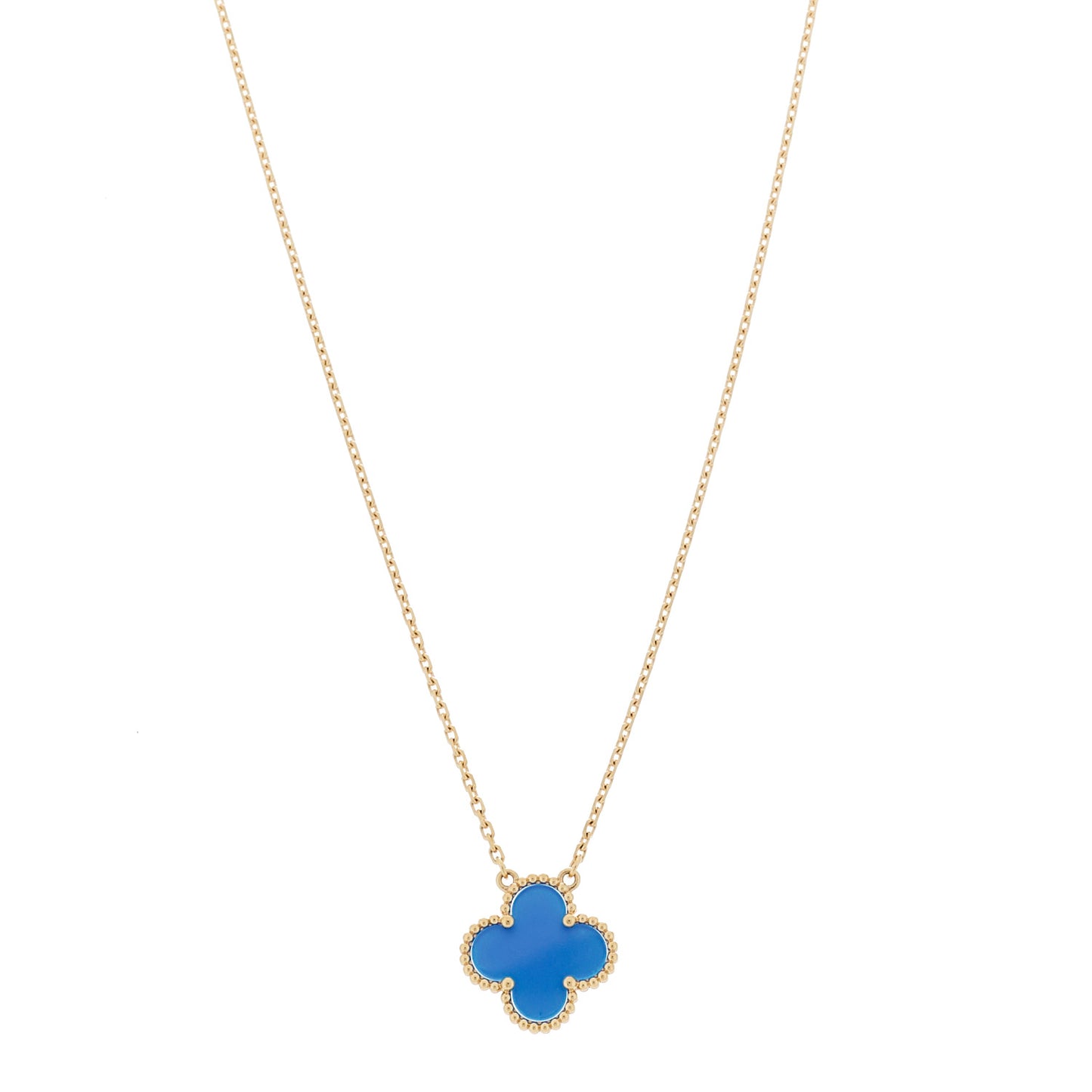 18K Yellow Gold Blue Agate Vintage Alhambra Pendant Necklace