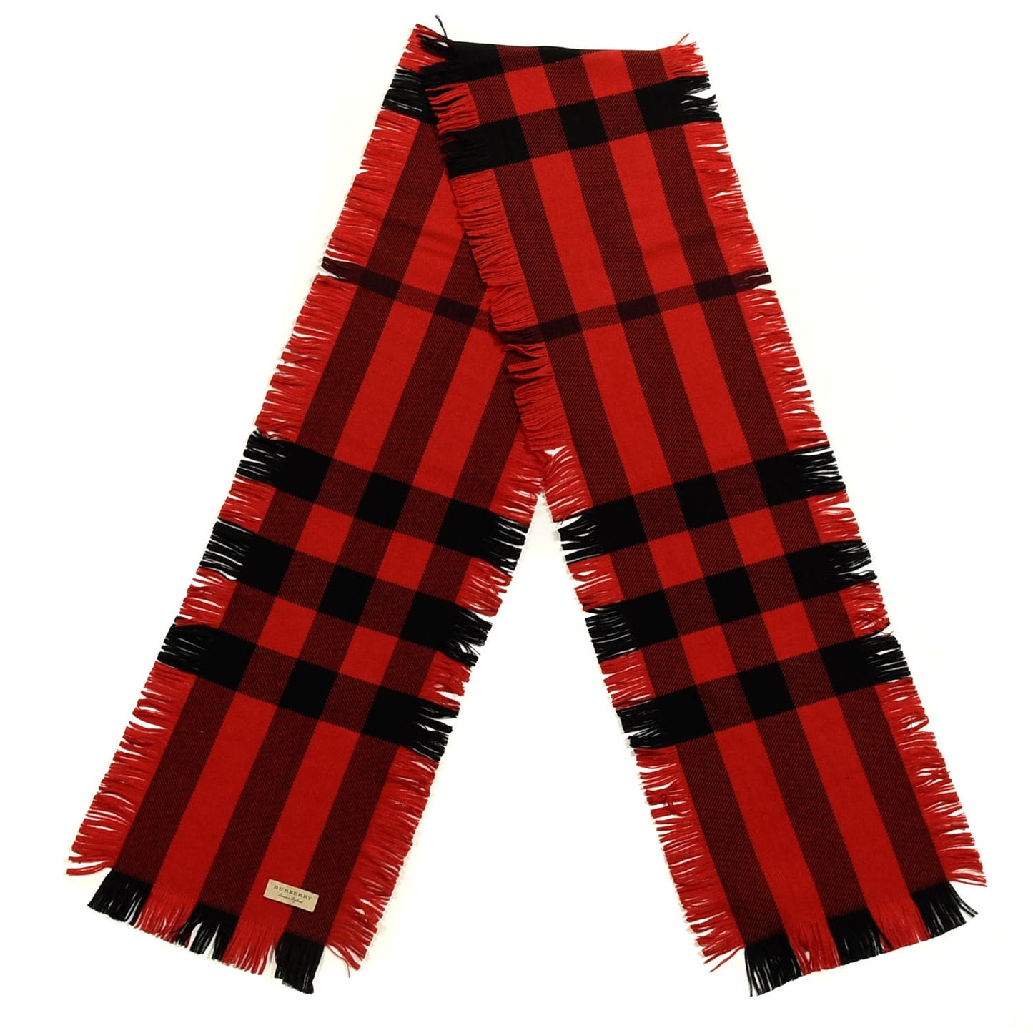 Wool Half Mega Check Fringe Scarf Military Red