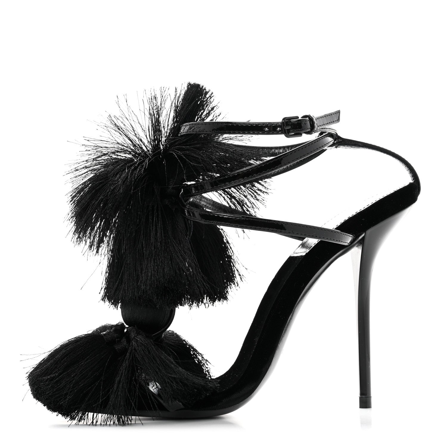 Saint Laurent Vernice Chiffon Tassel Embellished Pierre Pon Pon 110 Sandals 37 Black 1 of 7