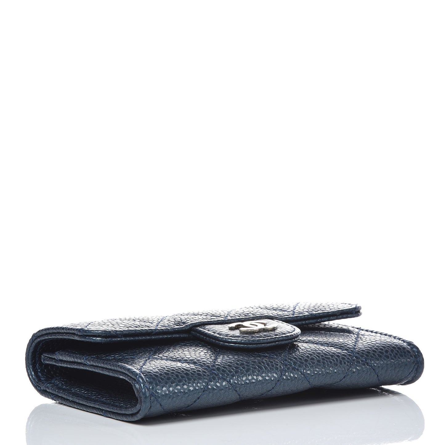 Iridescent Caviar Quilted Flap Card Holder Dark Blue