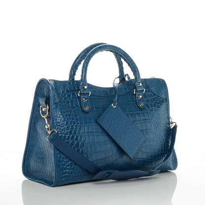 Balenciaga Calfskin Crocodile Embossed Classic Gold Hardware City Bleu Marine 3 of 7