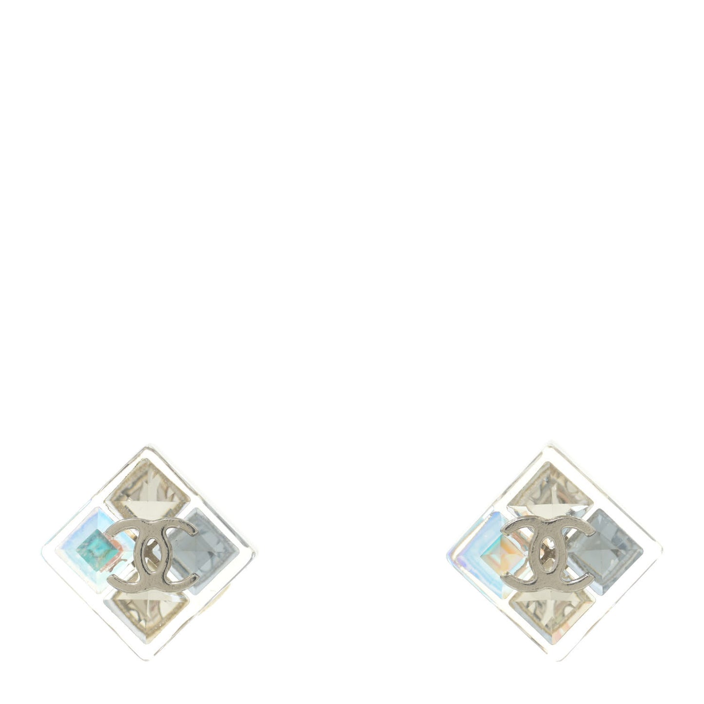Transparent Resin Iridescent Crystal CC Cube Earrings Silver