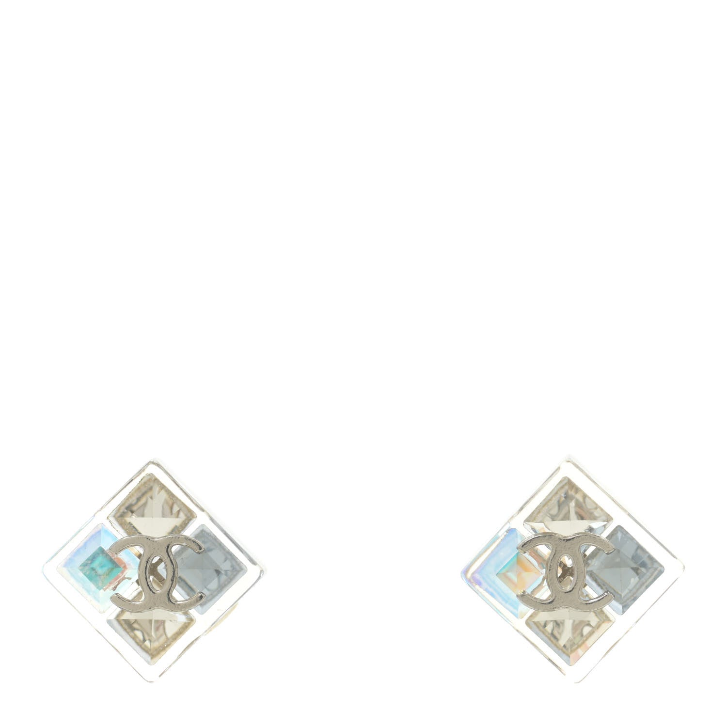 Chanel Transparent Resin Iridescent Crystal CC Cube Earrings Silver 1 of 4