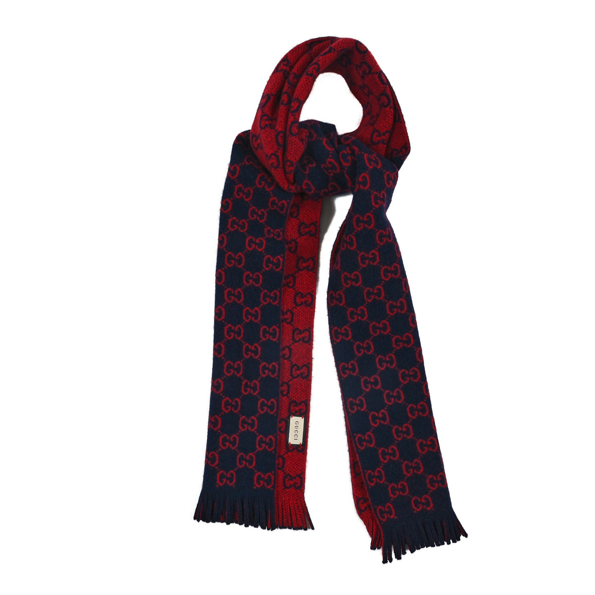 Wool GG Monogram Knit Longfog Fringe Scarf Midnight Blue Red