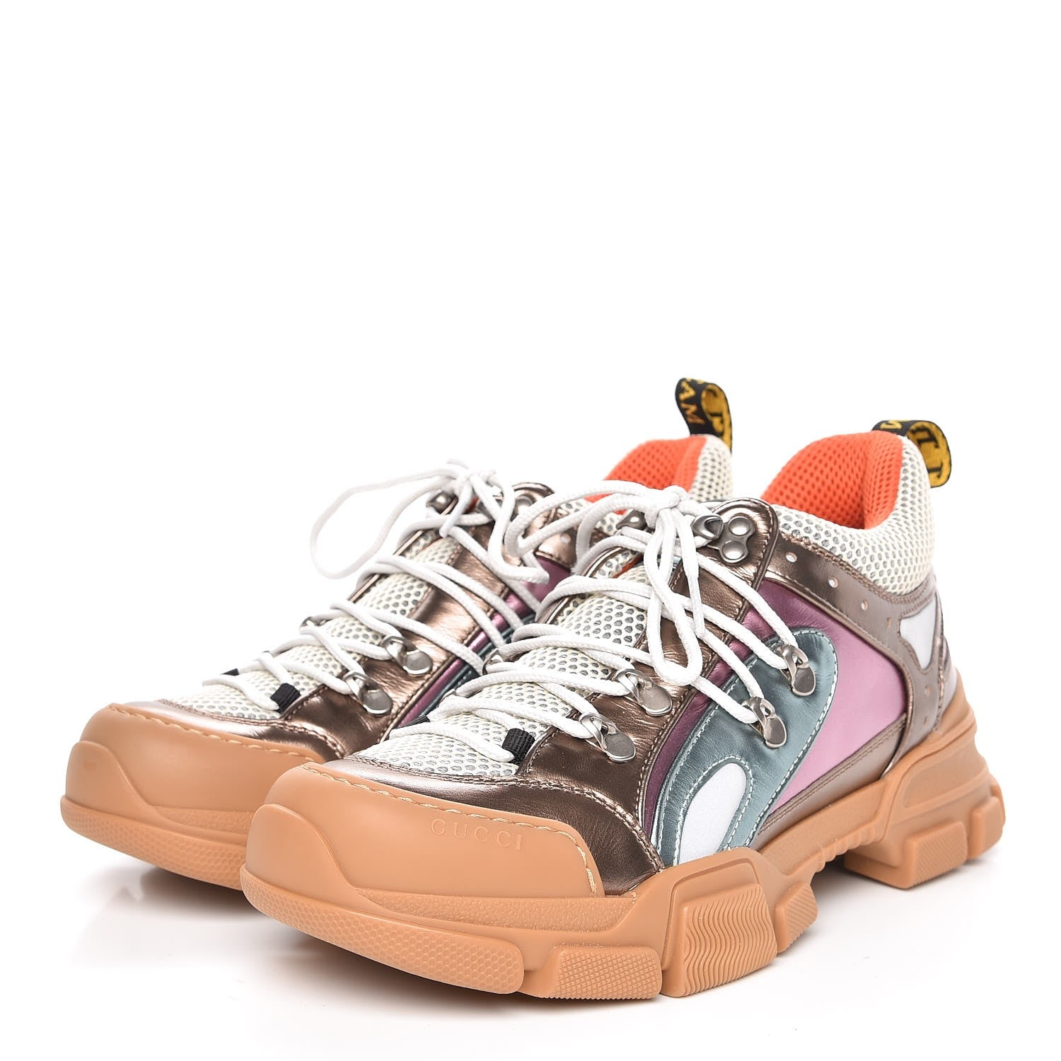 Gucci X SEGA Metallic Calfskin Mesh Womens Flashtrek Sneakers 40 Rame Mystic White Lago 3 of 9