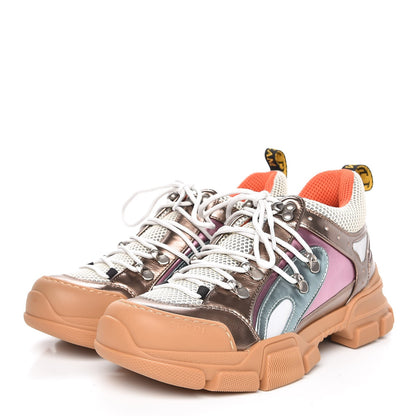 Gucci X SEGA Metallic Calfskin Mesh Womens Flashtrek Sneakers 40 Rame Mystic White Lago 3 of 9