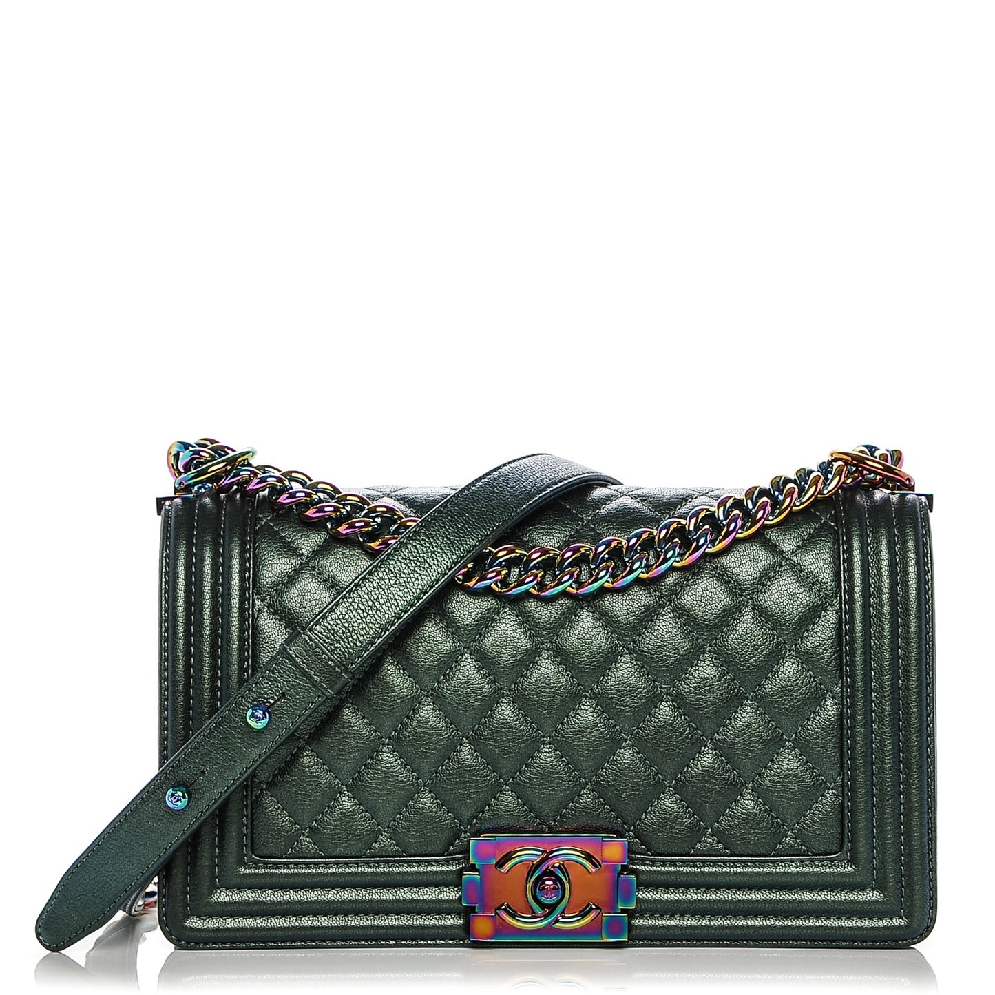Iridescent Goatskin Quilted Medium Boy Flap Green