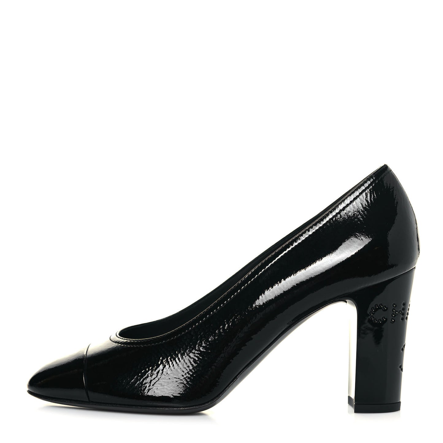 Patent Calfskin Crystal Cap Toe Logo Pumps 38 Black