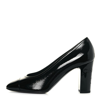 Chanel Patent Calfskin Crystal Cap Toe Logo Pumps 38 Black 1 of 11