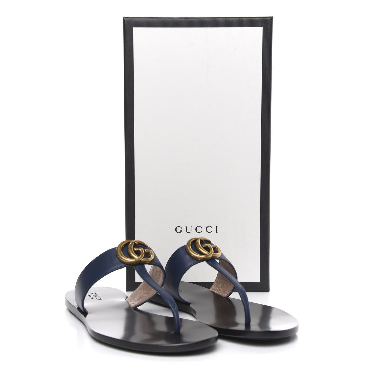 Calfskin GG Marmont Thong Sandals 38.5 Blue Agata