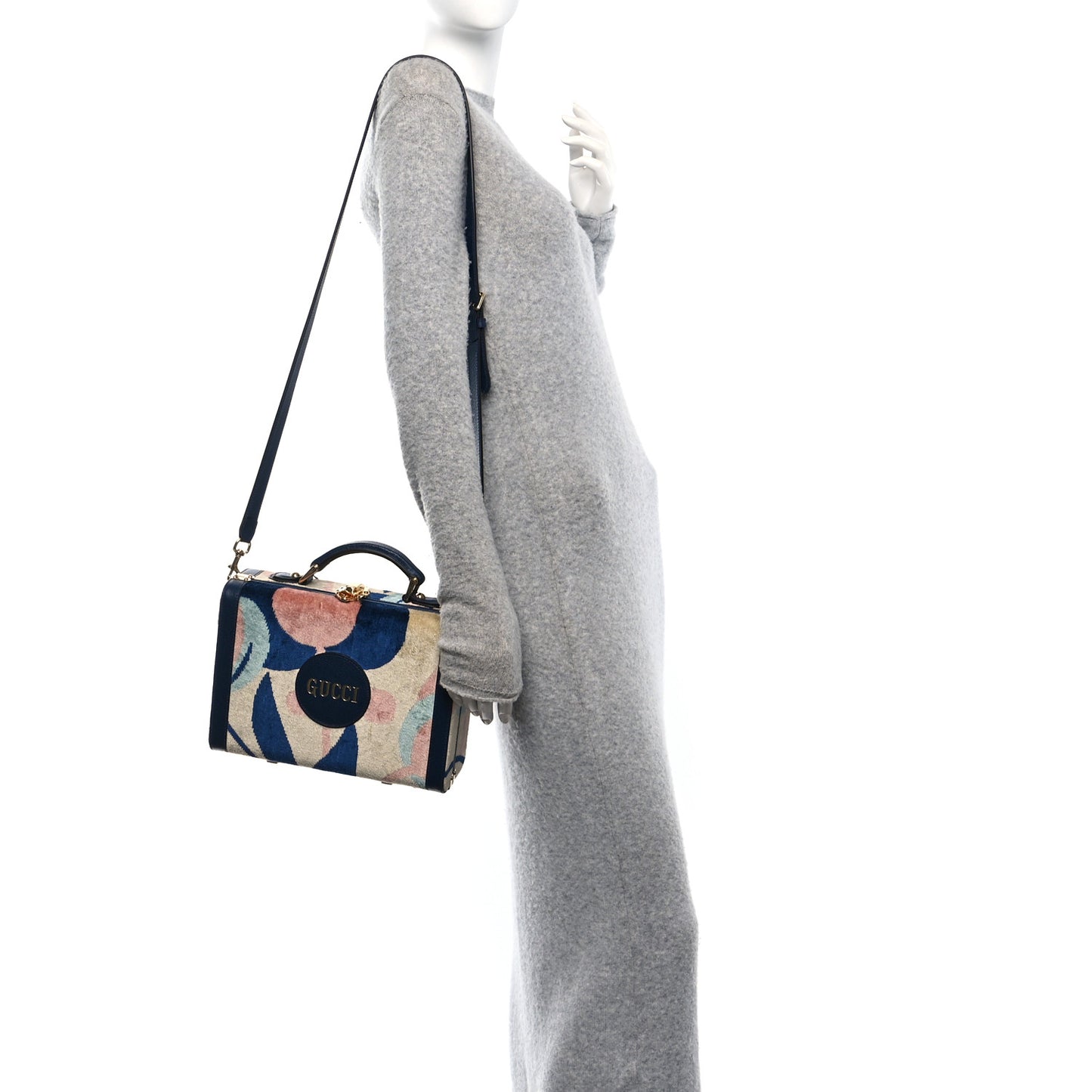 Chenille Textured Dollar Calfskin Print Savoy Top Handle Beauty Case Blue Multicolor